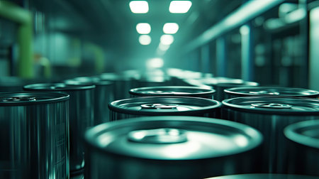 A close-up of sealed metal cans moving down an assembly line under bright factory lights.の素材