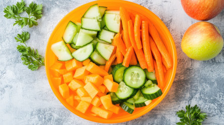 A bright plastic plate with carrot sticks, cucumber slices, and apple chunks, perfect for encouraging kids to eat healthyの素材