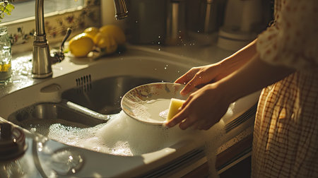 A close-up of a woman washing a dirty plate with a sponge, the kitchen sink filled with sudsy water and kitchen accessories visibleの素材