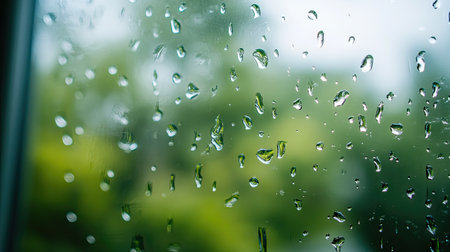 A close-up of raindrops on a glass window, with blurred greenery visible outside, evoking a rainy day feelの素材