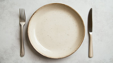 A close-up of a ceramic plate with a fork and knife placed on opposite sides, against a soft grey table backgroundの素材