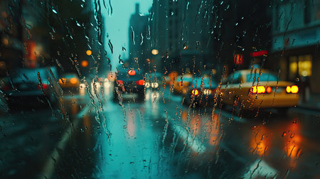 A clear glass window covered with water droplets, offering a view of a rainy street with blurred cars passing byの素材