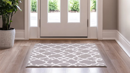 A clean, well-lit foyer with a patterned doormat on the hardwood floor, offering a cheerful welcomeの素材