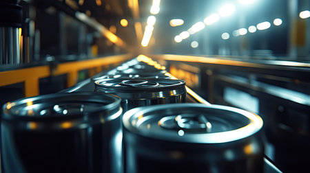 A close-up of sealed metal cans moving down an assembly line under bright factory lights.の素材