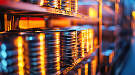 A close-up of stacked metal cans in a food factory, reflecting bright industrial lighting.の素材