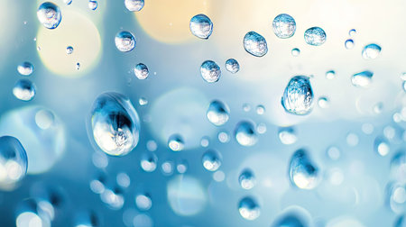 A close-up of water droplets on a glass surface, with light creating an intricate pattern on the droplets and soft shadows in the backgroundの素材
