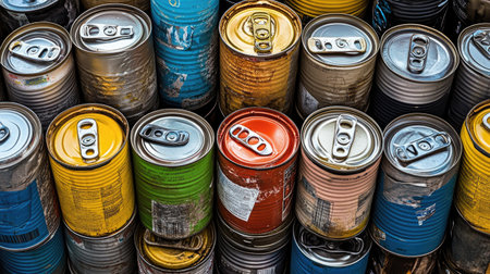 A close-up of various food cans with their labels removed, stacked for recycling.の素材