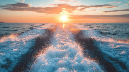 A breathtaking view behind a speeding boat, leaving a foamy white wake against the deep blue ocean under a golden sunset.の素材