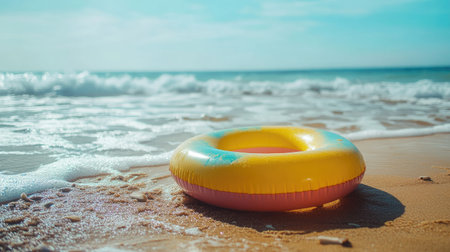 A close-up of a neon-colored inflatable ring on the beach, surrounded by a stretch of golden sand and distant wavesの素材
