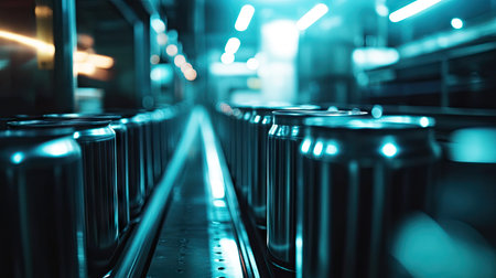 A close-up of sealed metal cans moving down an assembly line under bright factory lights.の素材