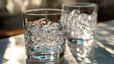 A clear glass with water droplets on the surface, reflecting light and creating a delicate, almost artistic patternの素材