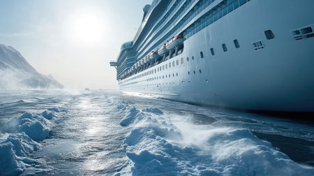 A close-up of the swirling white foam in the wake of a massive cruise liner, the water glistening in the sun.の素材