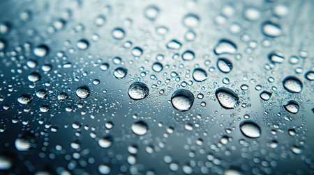 A close-up of water droplets on a glass surface, with light creating an intricate pattern on the droplets and soft shadows in the backgroundの素材