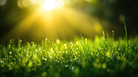 A close-up shot of lush green grass with sunlight streaming through, creating a vibrant and refreshing natural sceneの素材