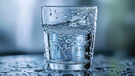 A close-up shot of a glass with water droplets on its surface, showcasing the droplets in sharp focus against a blurred backgroundの素材