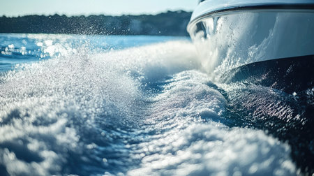 A close-up of the foamy wake behind a speedboat, capturing the textures and movement of the swirling water.の素材