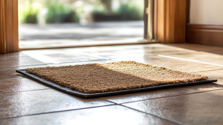 A clean, simple doormat on a tiled floor, adding character to a sleek, modern interiorの素材