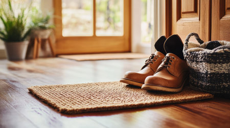 A close-up of a doormat on the floor in a cozy home entry, with shoes neatly placed on topの素材