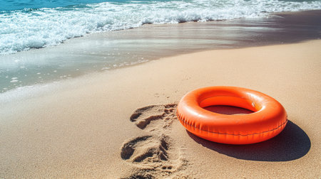 A close-up of a bright inflatable ring on the beach sand, with footprints in the soft sand leading toward the waterの素材