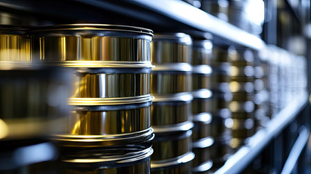 A close-up of stacked metal cans in a food factory, reflecting bright industrial lighting.の素材
