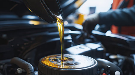 A close-up of fresh engine oil being poured into a car engine, showing the texture of the oil and the mechanics working in the backgroundの素材