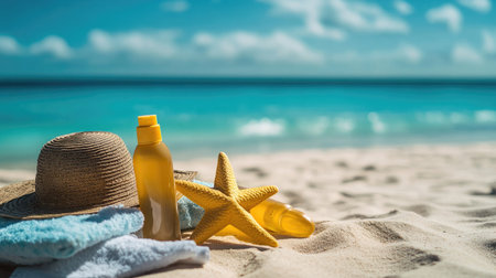 A close-up of sun protection gear like sunscreen, a beach hat, and a towel on the sand, with a clear blue ocean in the backgroundの素材
