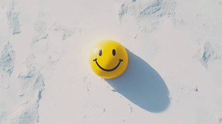 Minimalist design with a single yellow smiley face sticker standing out on a bright white canvas.の素材