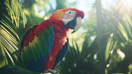 Pair of vibrant Macaw parrots on a branch, feathers shining under sunlight with a dense green jungle in the background.の素材