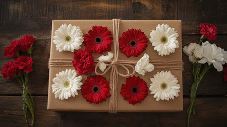 A flat lay of a gift box wrapped in kraft paper and tied with twine, accented with fresh red gerberas and white carnationsの素材