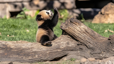 Playful panda baby exploring a tree trunk, paw reaching up, expressing curiosity in a natural environment.の素材