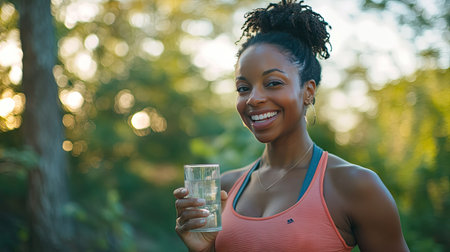 A healthy woman enjoying a glass of water after a workout, standing outdoors with a refreshing smile.の素材