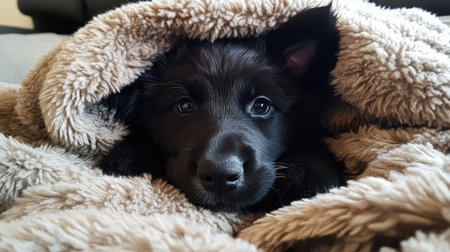 Puppy resting under a thick blanket, only his head visible, relaxed and comfortable on a cool winter afternoon indoors.の素材