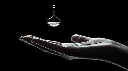 A luxurious skincare moment as clear serum falls from a dropper onto the back of a hand, highlighting skin texture.の素材