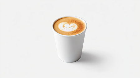 A latte in a white cup, with smooth, velvety foam art on top, sitting against a clean white background.の素材