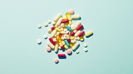 Pile of colorful pills and tablets, arranged on a light background, highlighting the diversity of modern healthcare options.の素材