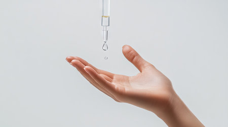 A person's hand outstretched with clear serum being dropped from a dropper, captured against a white backdrop.の素材