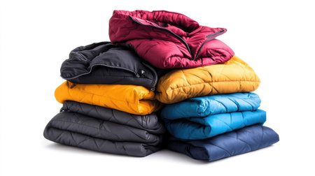 A pile of neatly stacked winter jackets in various colors, showcasing cozy warmth, isolated on a white background.の素材