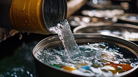 A close-up of an open food can being rinsed out before recycling, promoting proper waste disposal.の素材