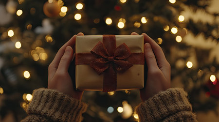 Man's hands holding a holiday present with a ribbon bow, Christmas tree lights twinkling softly in the background.の素材