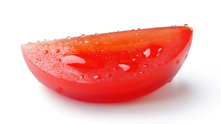 A juicy tomato slice with droplets of moisture on its surface, creating a fresh and natural look, isolated on white.の素材