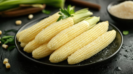 A plate of baby corn drizzled with light water droplets, emphasizing its fresh appeal.の素材