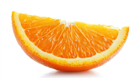 A fresh, perfectly cut orange slice showing its bright pulp and natural juice, isolated on white.の素材