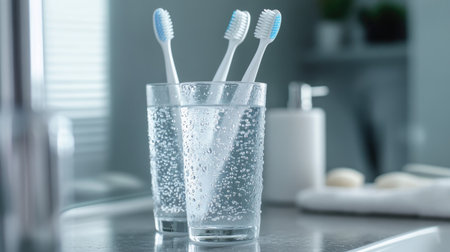 A pair of toothbrushes and a filled glass of water with condensation on the glass, placed on a bathroom counter.の素材