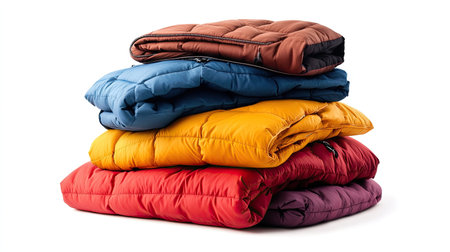 A pile of neatly stacked winter jackets in various colors, showcasing cozy warmth, isolated on a white background.の素材
