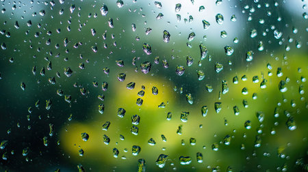 A close-up of raindrops on a glass window, with blurred greenery visible outside, evoking a rainy day feelの素材