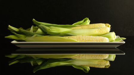A pile of fresh baby corn arranged on a glossy white plate, reflecting soft light.の素材
