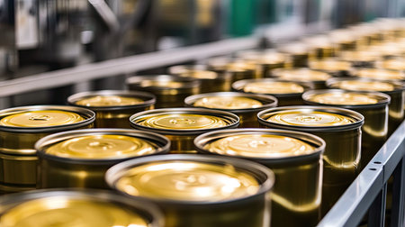 Automated machines precisely filling and sealing canned food products in a mass-production setting.の素材