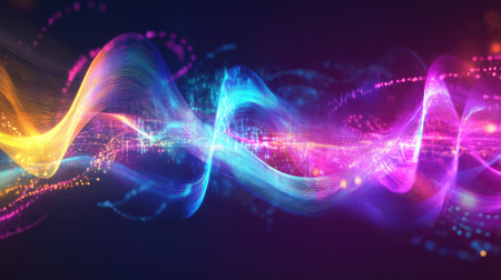 Bold and colorful sound waves forming a waveform pattern, with a futuristic backdrop to enhance the dynamic feel.の素材