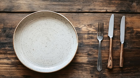 A ceramic plate on a wooden table, with a fork and knife neatly placed beside it, capturing a cozy meal setupの素材