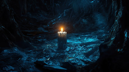 A glowing candle flame illuminating the surrounding darkness, creating a contrast between light and shadow.の素材